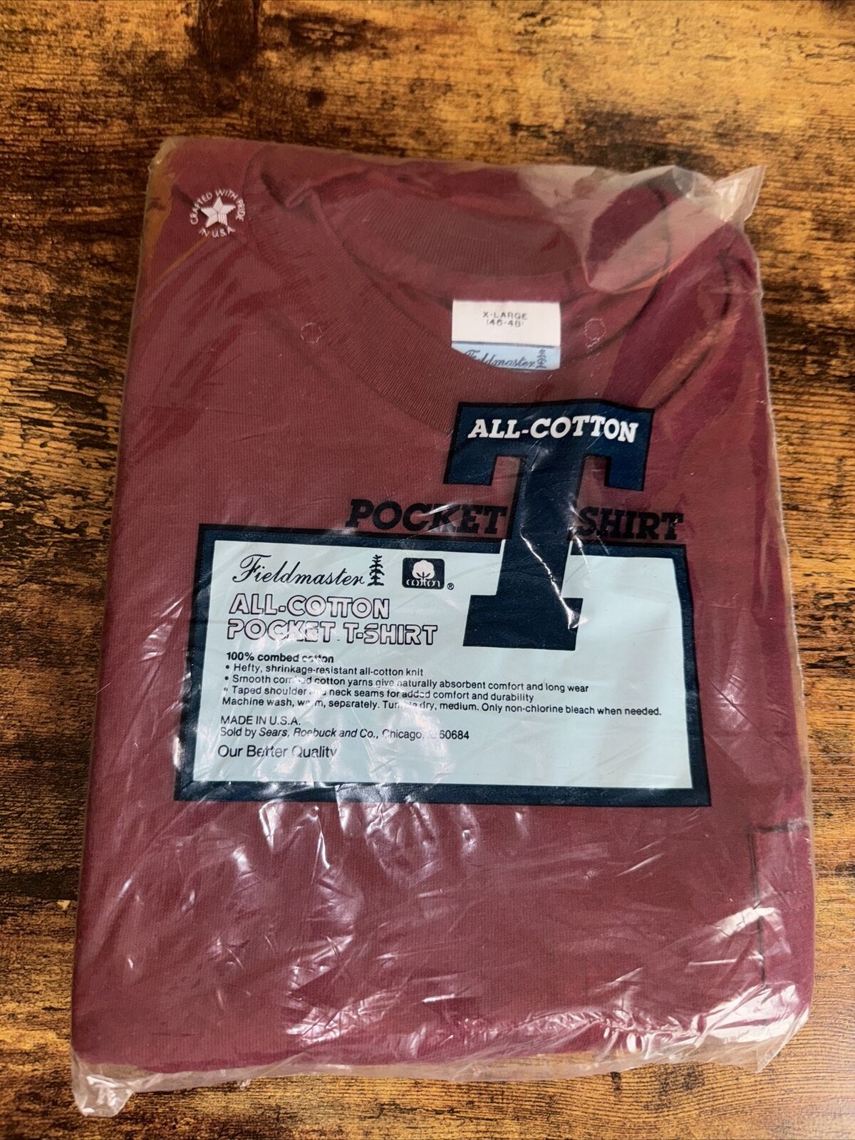 Vintage NOS Fieldmaster Pocket T Shirt Xl Maroon 100% Cotton