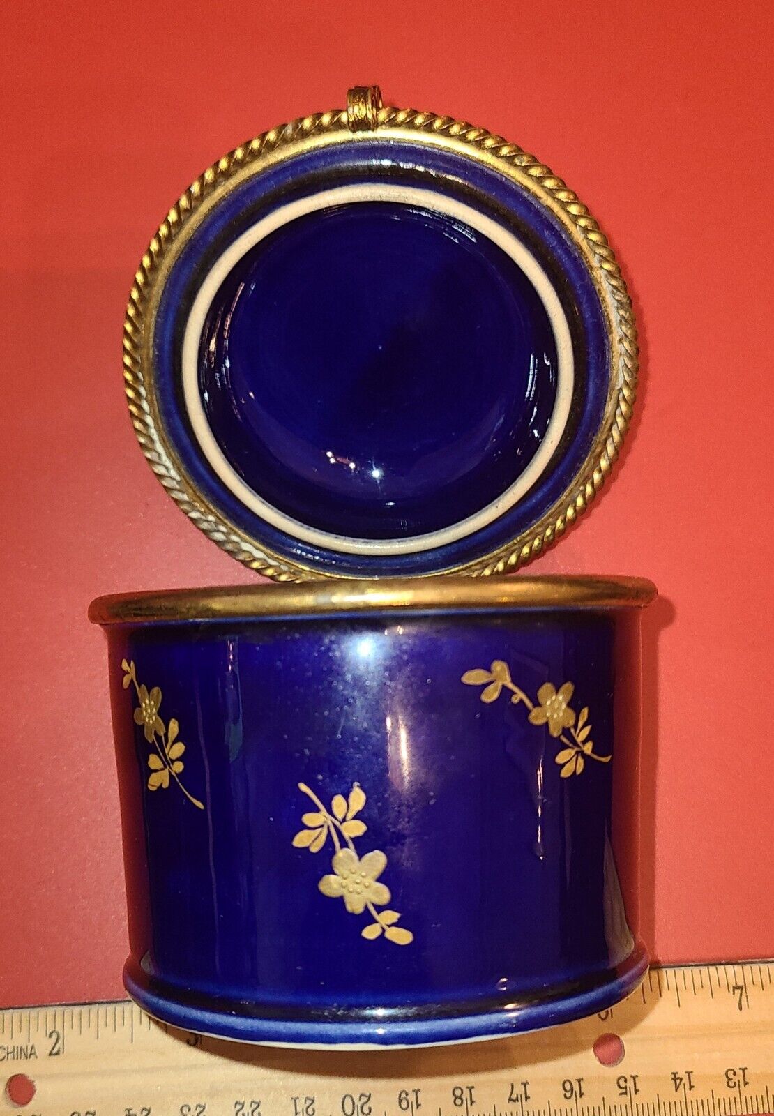 Antique Porceline Hinged Trinket Box In Cobalt and Gold