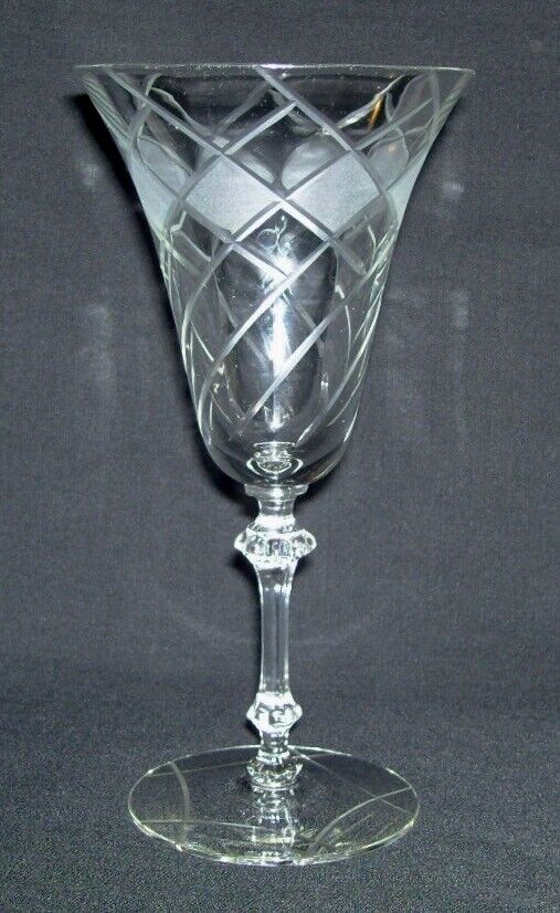 Beautiful Frosted Harlequin Cut Flared WATER GOBLET w/Double KNOP Stem (8 Oz.)