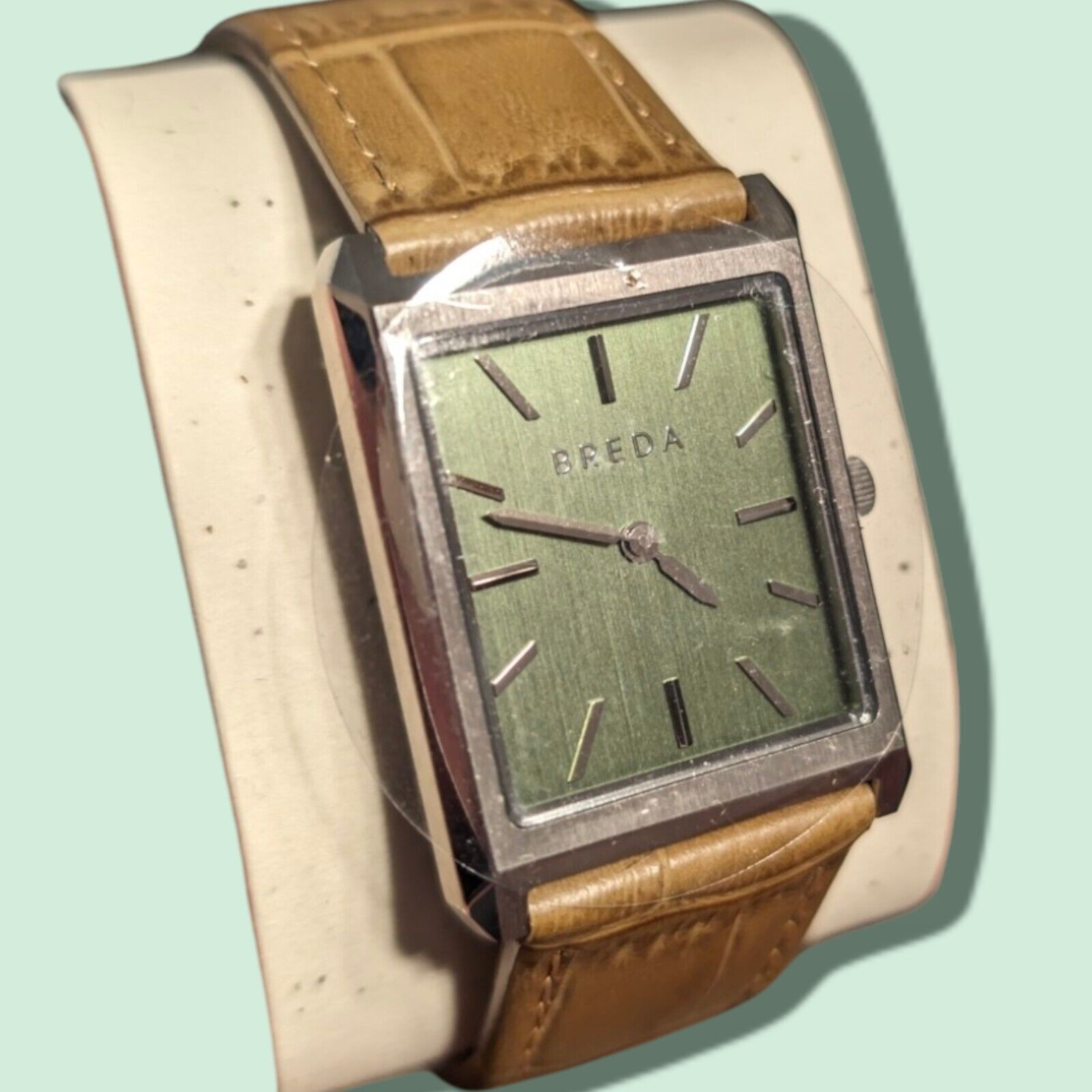 NEW Breda Virgil Tank Watch Silver Tone Green Rectangle Dial Brown Leather Strap