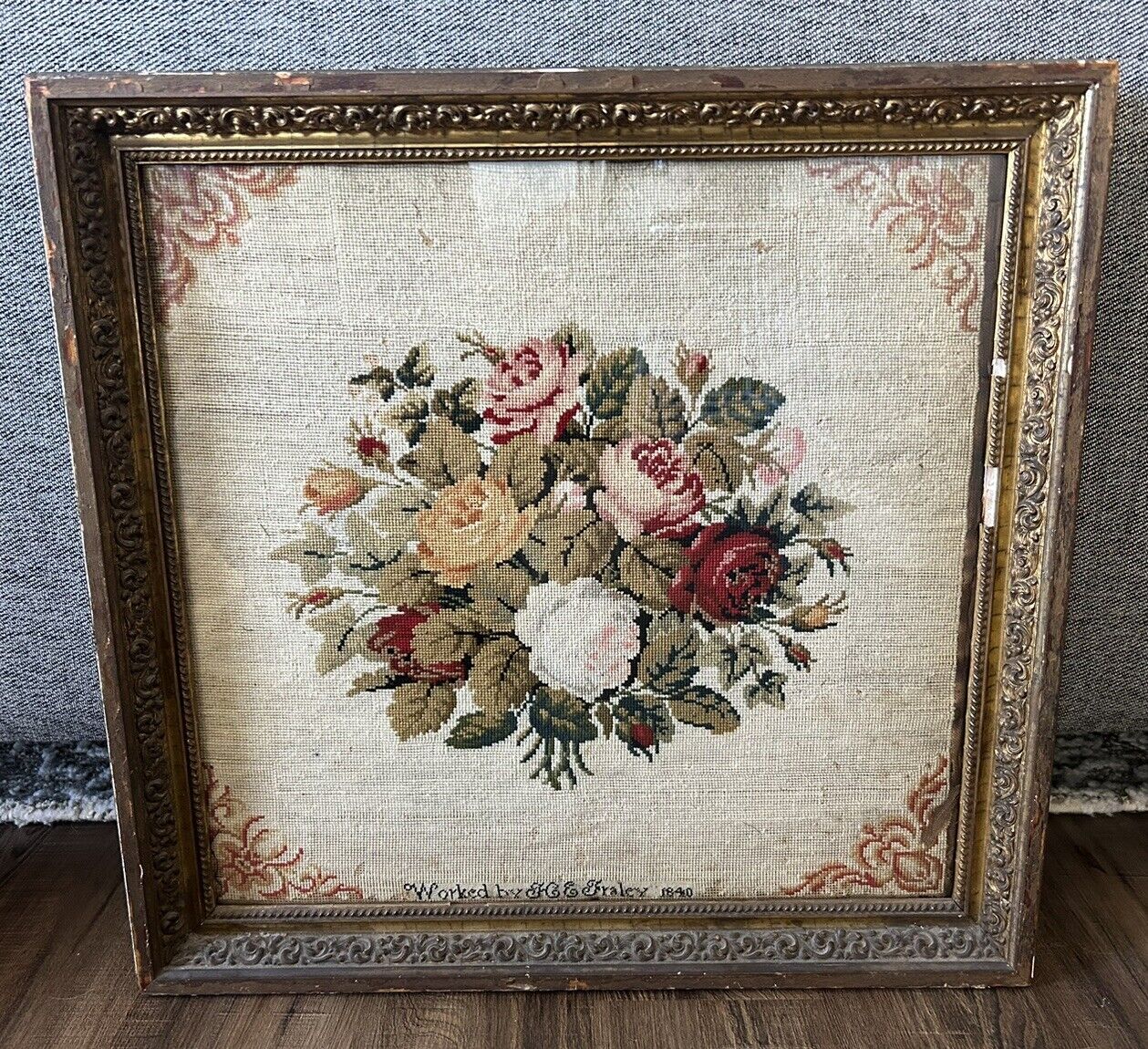 Antique 1800s 19th Century 1840 Dated Signed Cottage Rose Floral Needlepoint