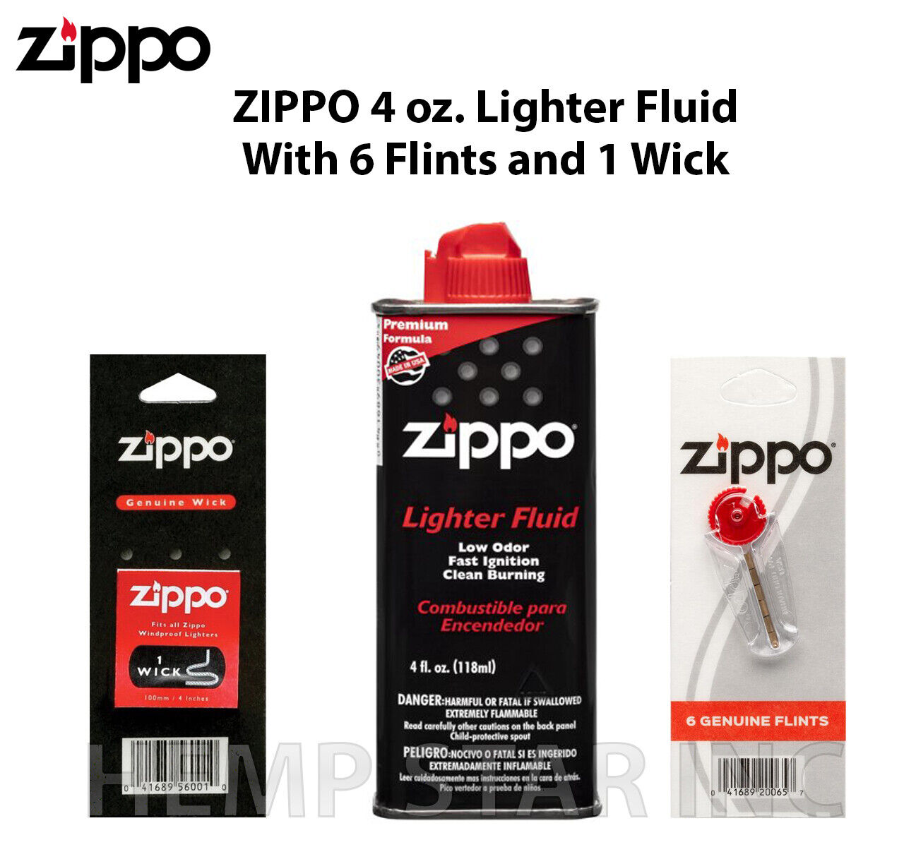 Zippo Lighters 4oz Fuel Fluid and 6 Flints & 1 Wick Value Pack Combo