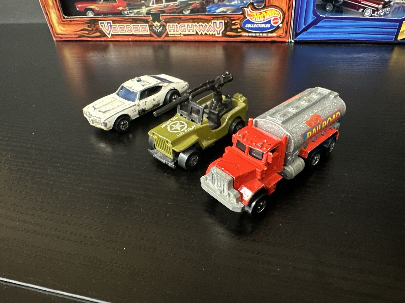 Three Vintage Hotwheels. Jeep,tanker,cop.  