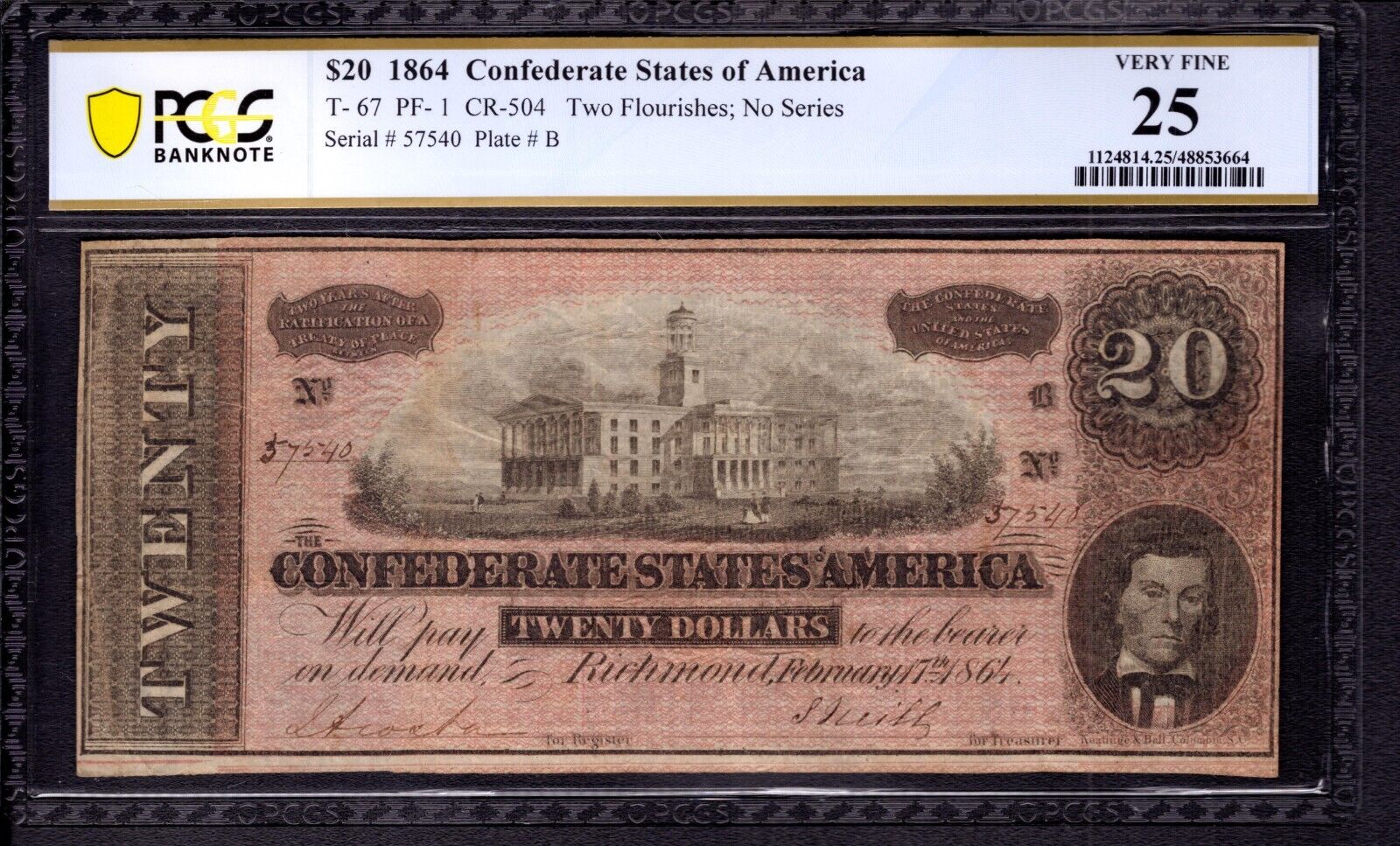 1864 $20 CONFEDERATE STATES OF AMERICA NOTE T-67 PF-1 PCGS B VERY FINE VF 25