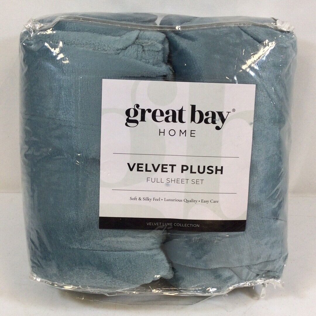 Great Bay Home EC200522 Blue Surf Polyester Bedroom Velvet Plush Full Sheet Set