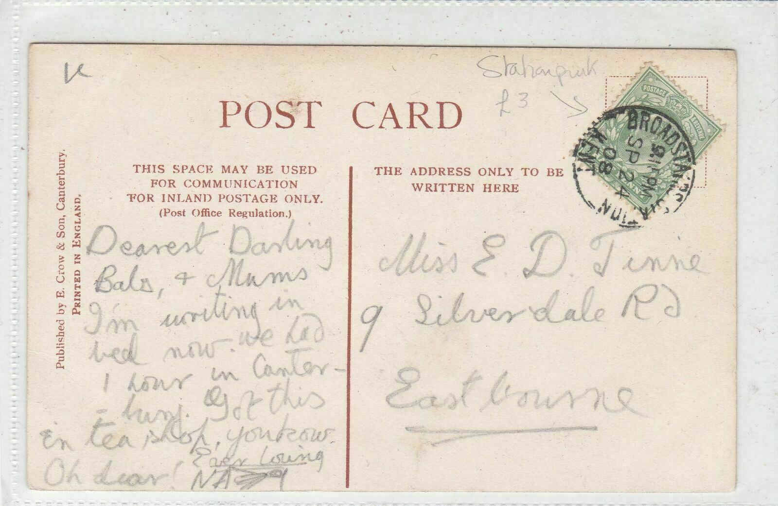 G. Britain 1908 Broadstairs Station Railway Cancel Picture Stamps Card Ref 34046
