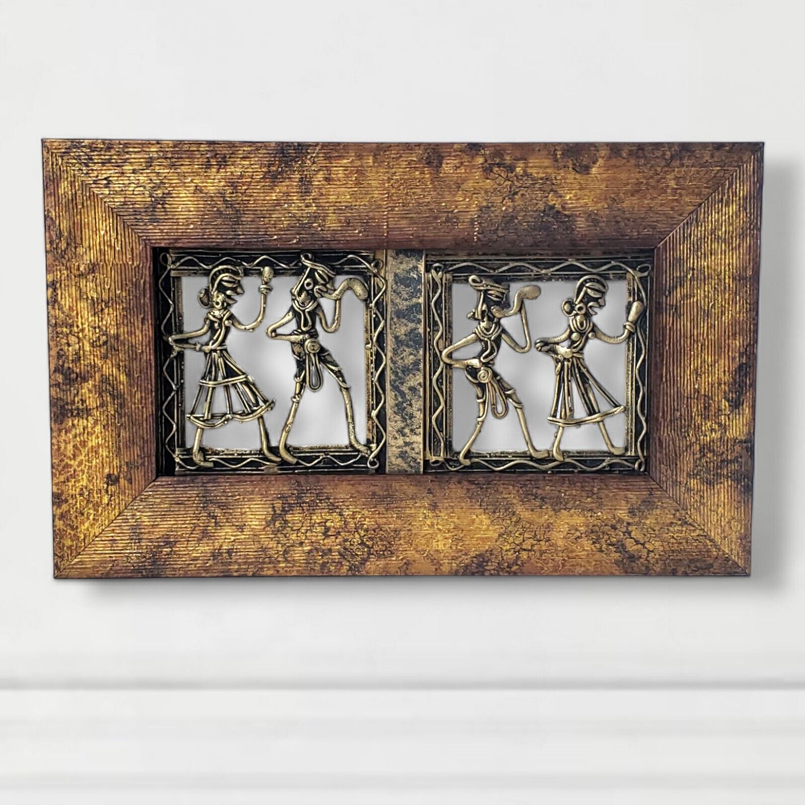 Vintage Harmony Collection Brass Dhokra With Tribal Villagers Framed Wall Art