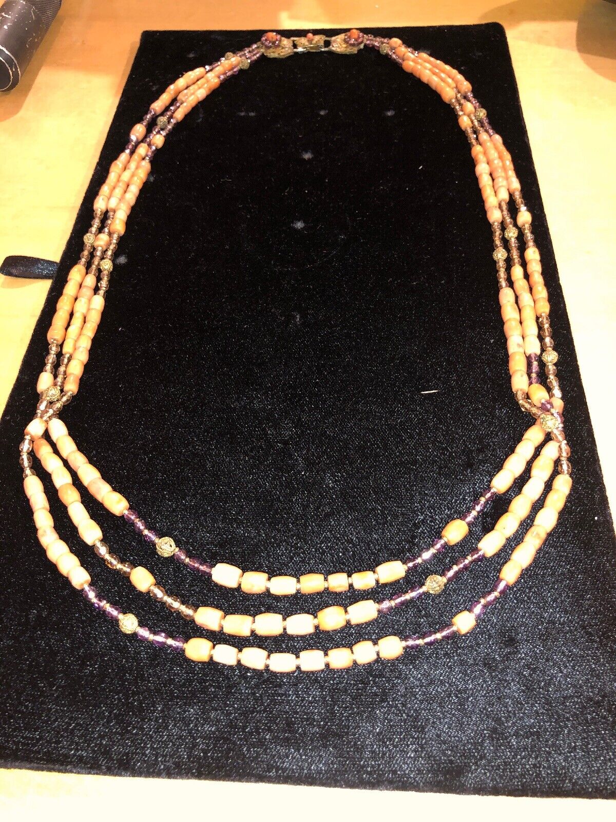 Vintage Eugene Coral Brass 3 Row Necklace 30”