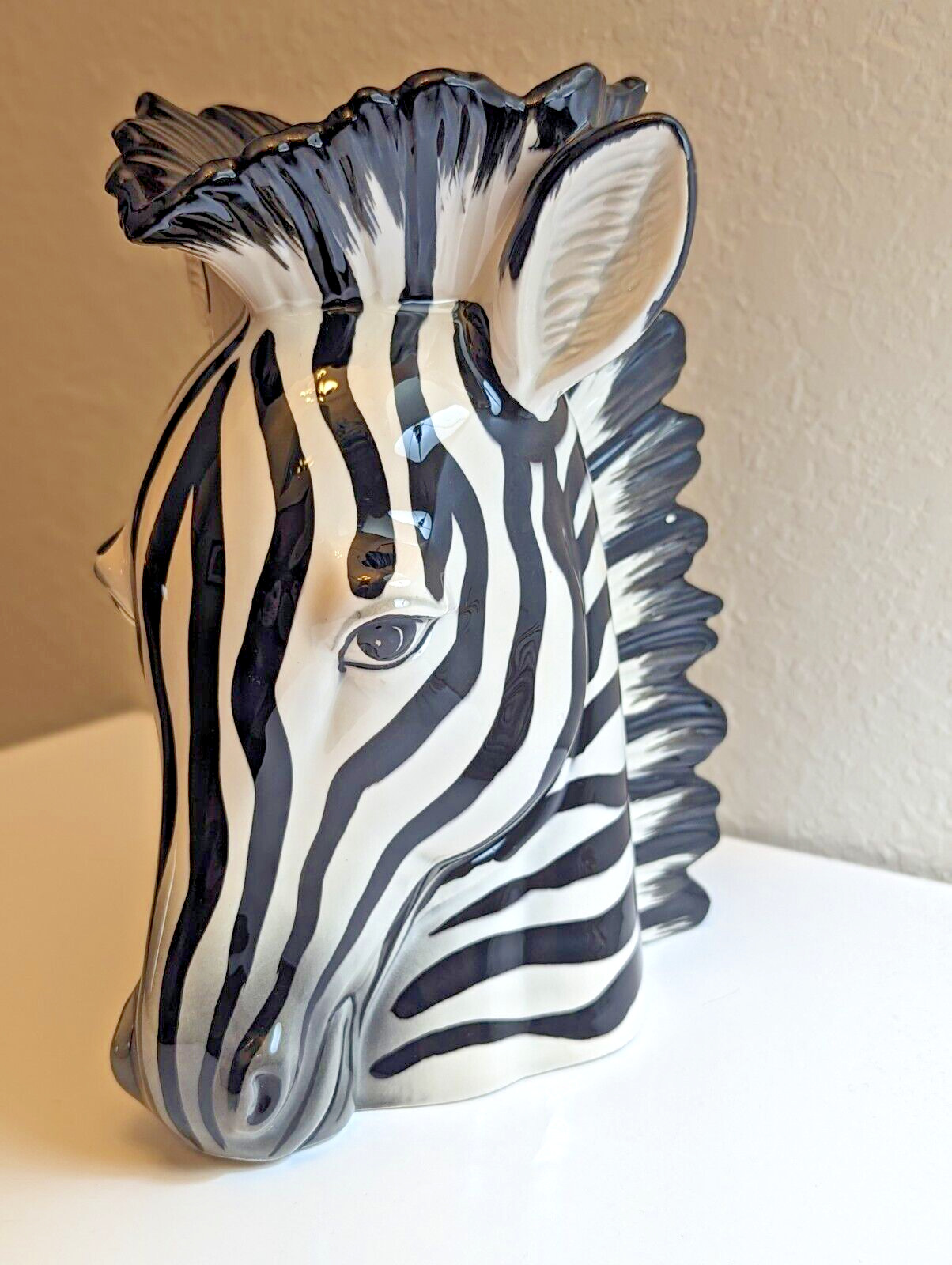 Fitz and Floyd Hand Painted Ceramic Glazed Zebra Vase, Large 1975 Made in Japan
