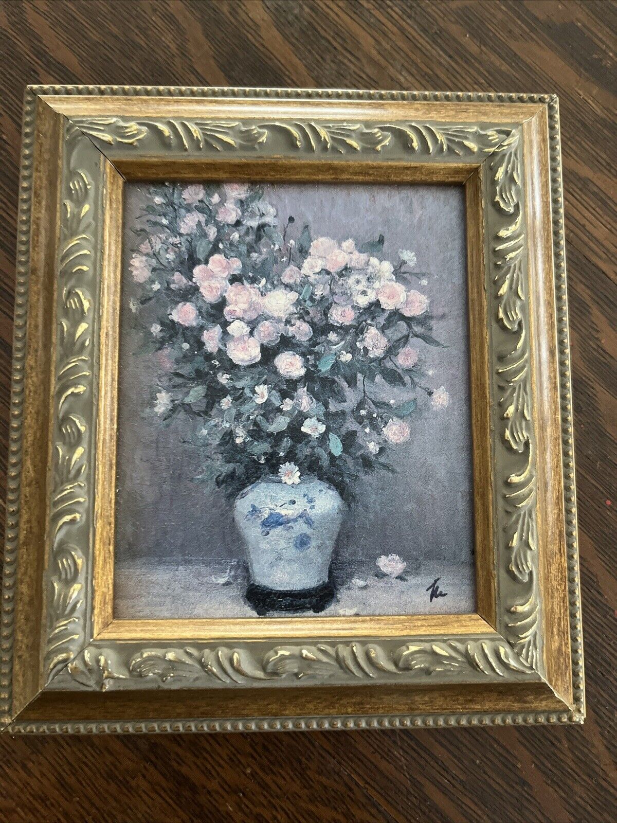 Very Pretty Print Picture Vase With Pink Violet Flowers Beautifully Framed