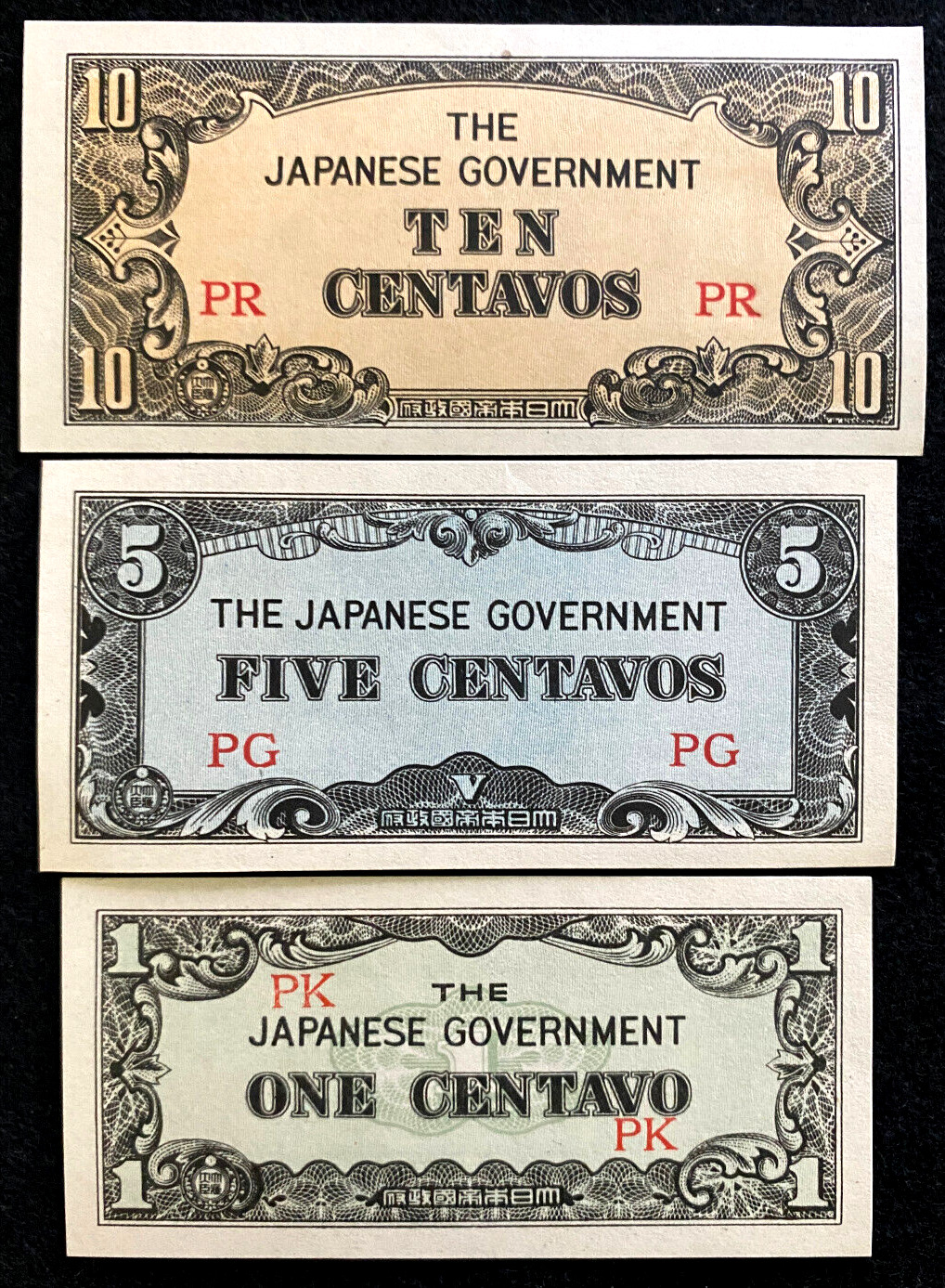 WWII Era 1942 - Japanese Government Occupation 1,5,10 Centavos Philippines UNC