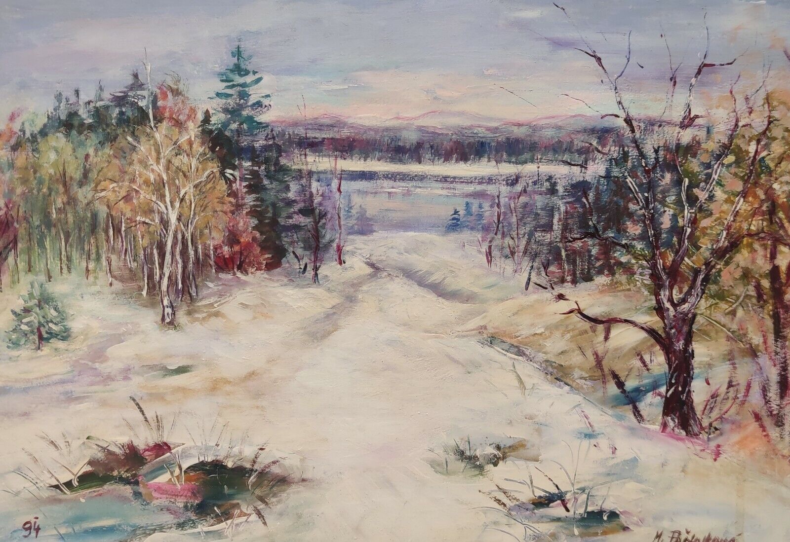 Clearance Sale Painting Signed Winter Landscape Marie Postolkova Dated 94