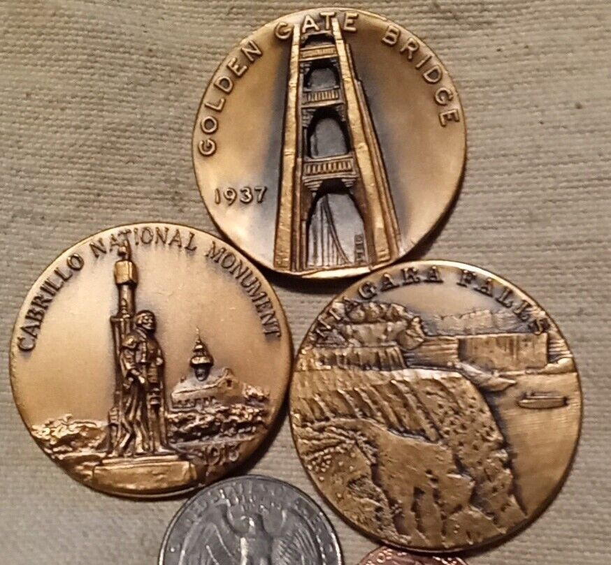 Maco Bronze Niagara Fallls, Golden Gate Bridge, & Cabrillo Natl. Monument Medals