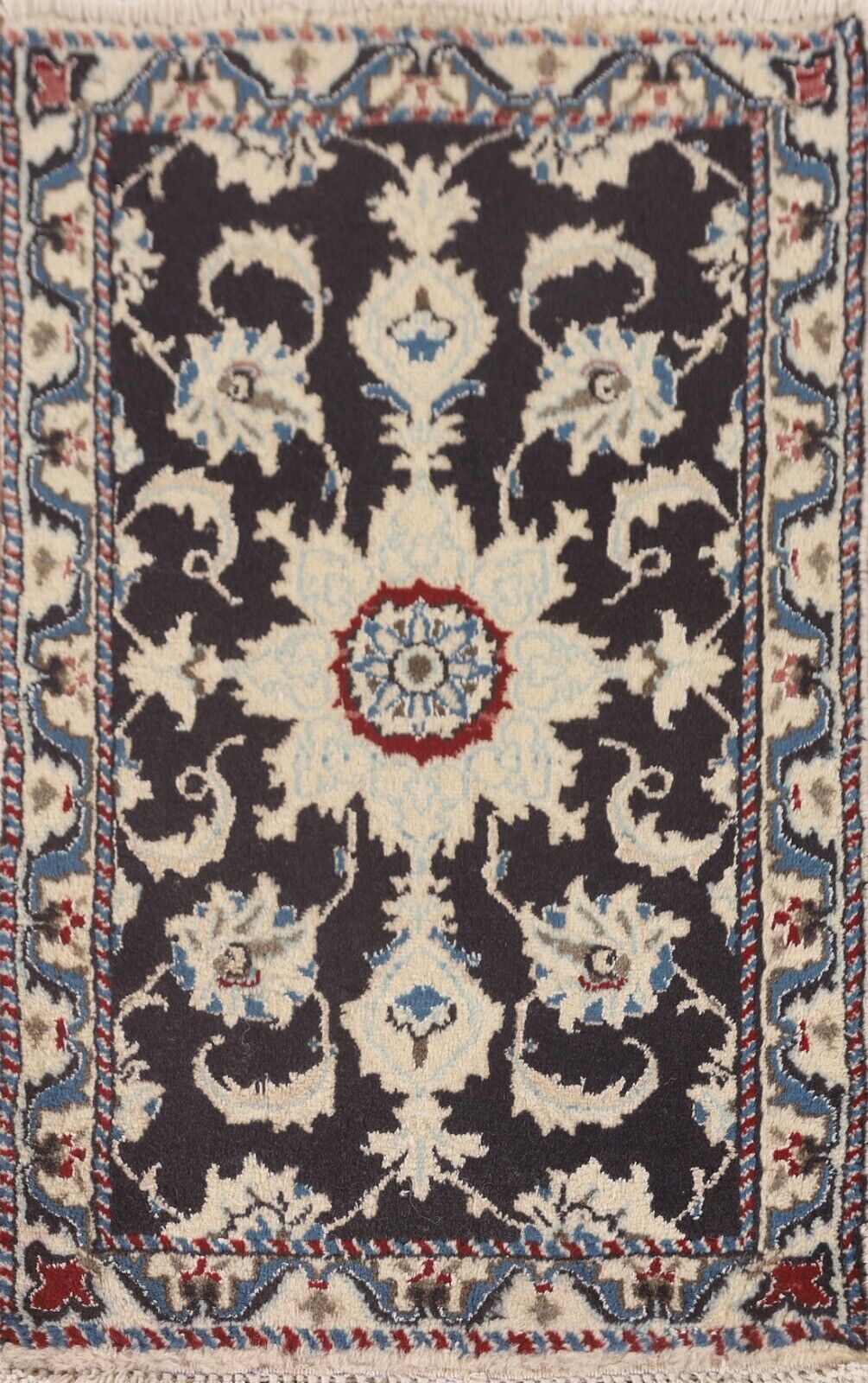 Vintage Floral Navy Blue Nain Accent Rug 2\'x3\' Wool Hand-knotted Foyer Carpet