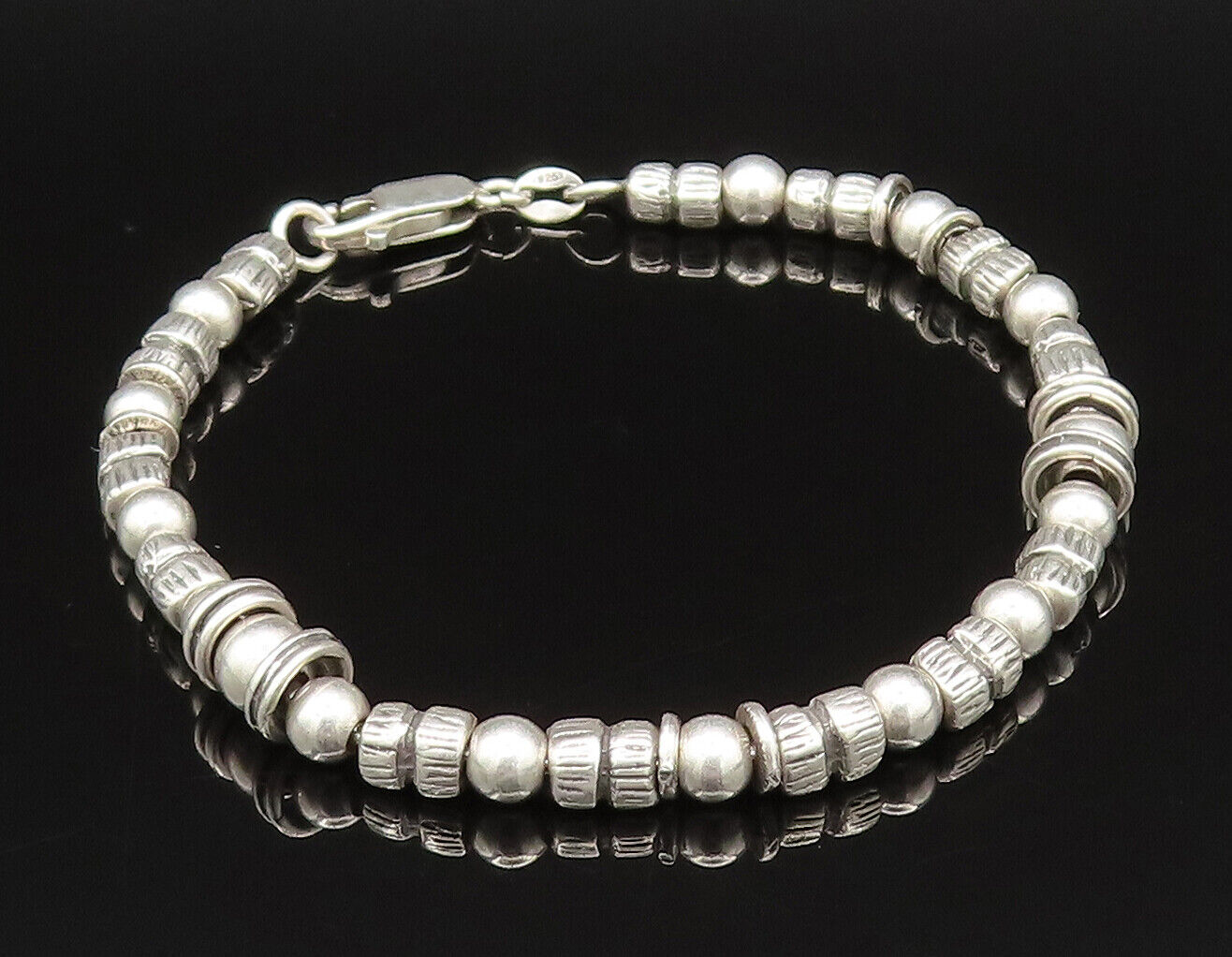 925 Sterling Silver - Vintage Etched Beaded & Ringed Bracelet - BT9498