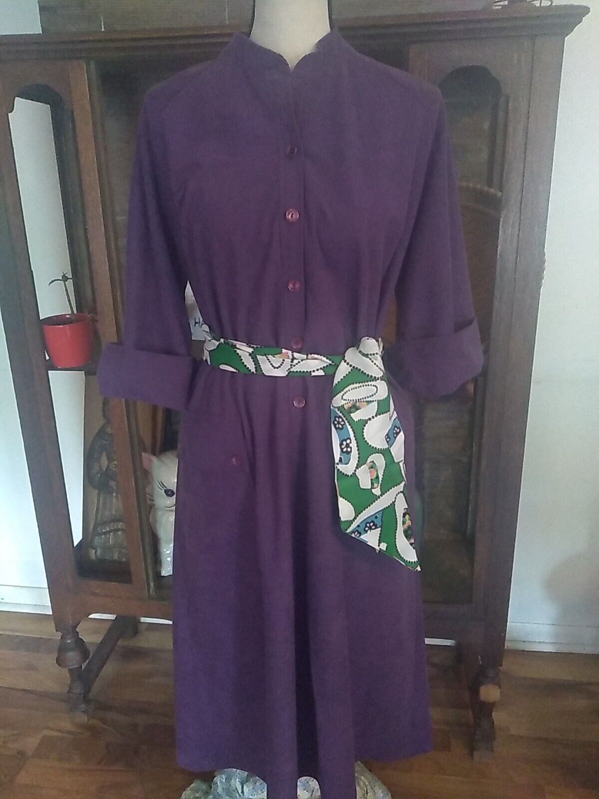 Vtg 1960s/70s Edith FLAGG CALIFORNIA PURPLE STROLLER DRESS 3/4 SLEEVE POCKETS 