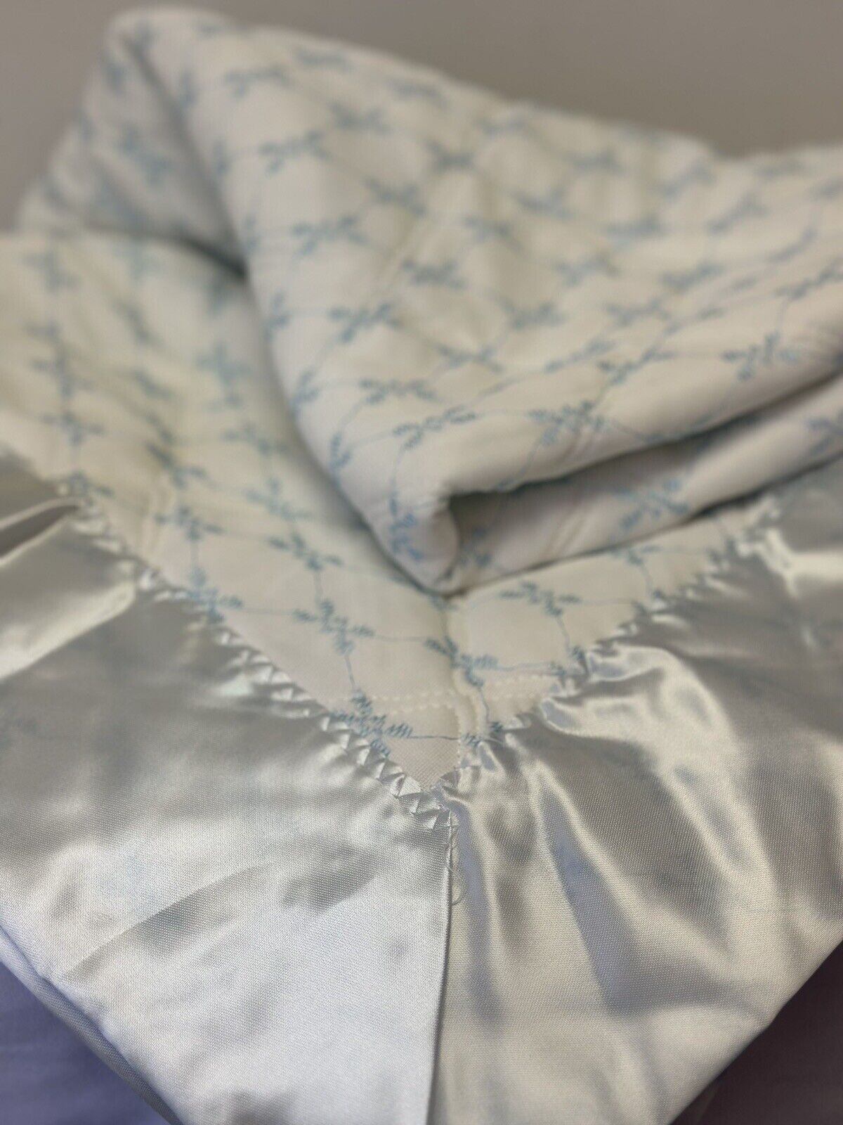 Vintage 60\'s Quiltex Blue Baby Blanket Blue Embroidered 36” X 50” Satin Trim