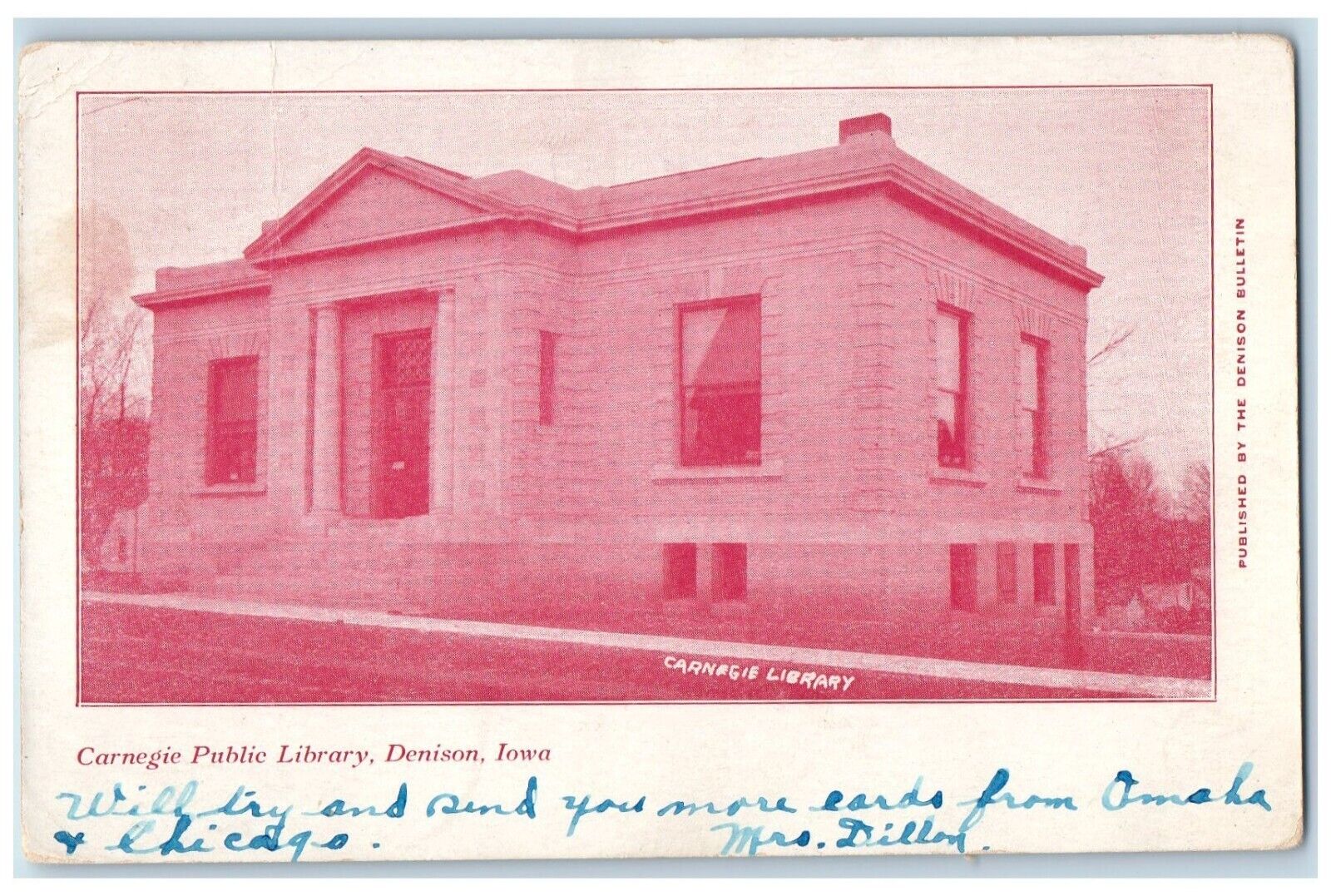 Denison Iowa IA Postcard Carnegie Public Library Building Exterior 1907 Vintage