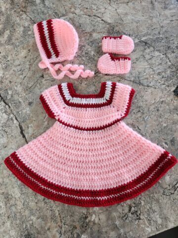 Valentine\'s Day Baby Dress, Bonnet & Bootie Set Crochet Handmade  Newborn - 3 mo