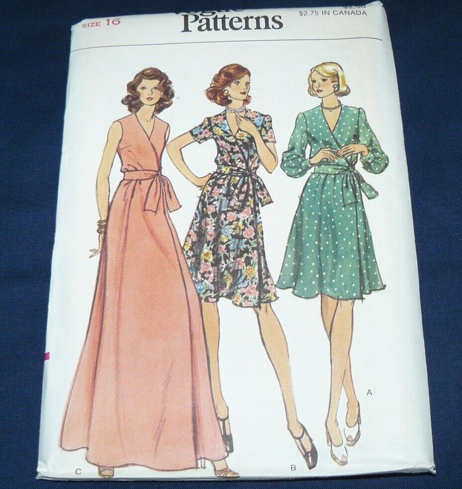 Vintage Vogue Sewing Pattern #8850 A-Line Front Wrap Dress Size 16 Uncut FF