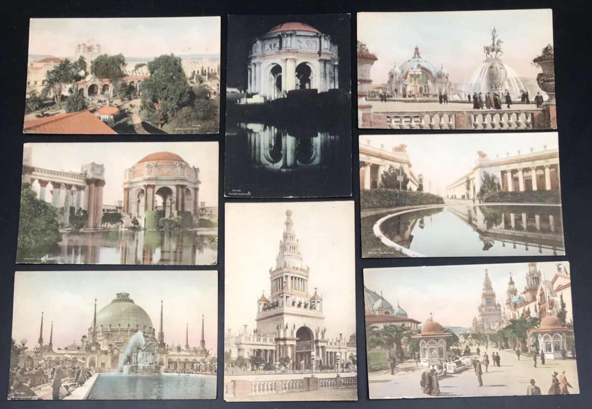 8 Antique 1915 Panama Pacific International Exposition Postcards Hand Painted