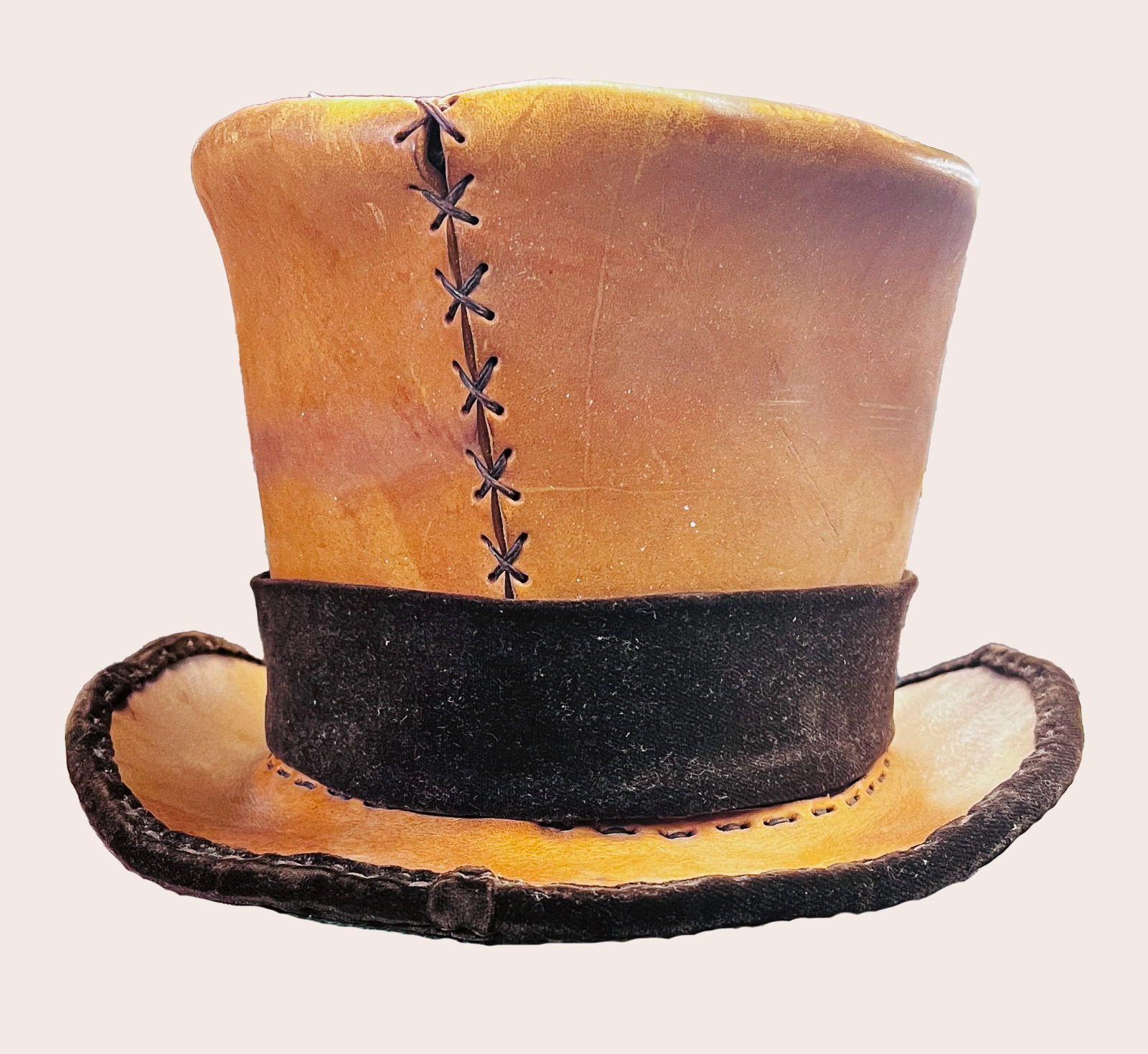 Vintage Handstitched Tan Leather Top Hat with Velvet Trim, Unique Steampunk