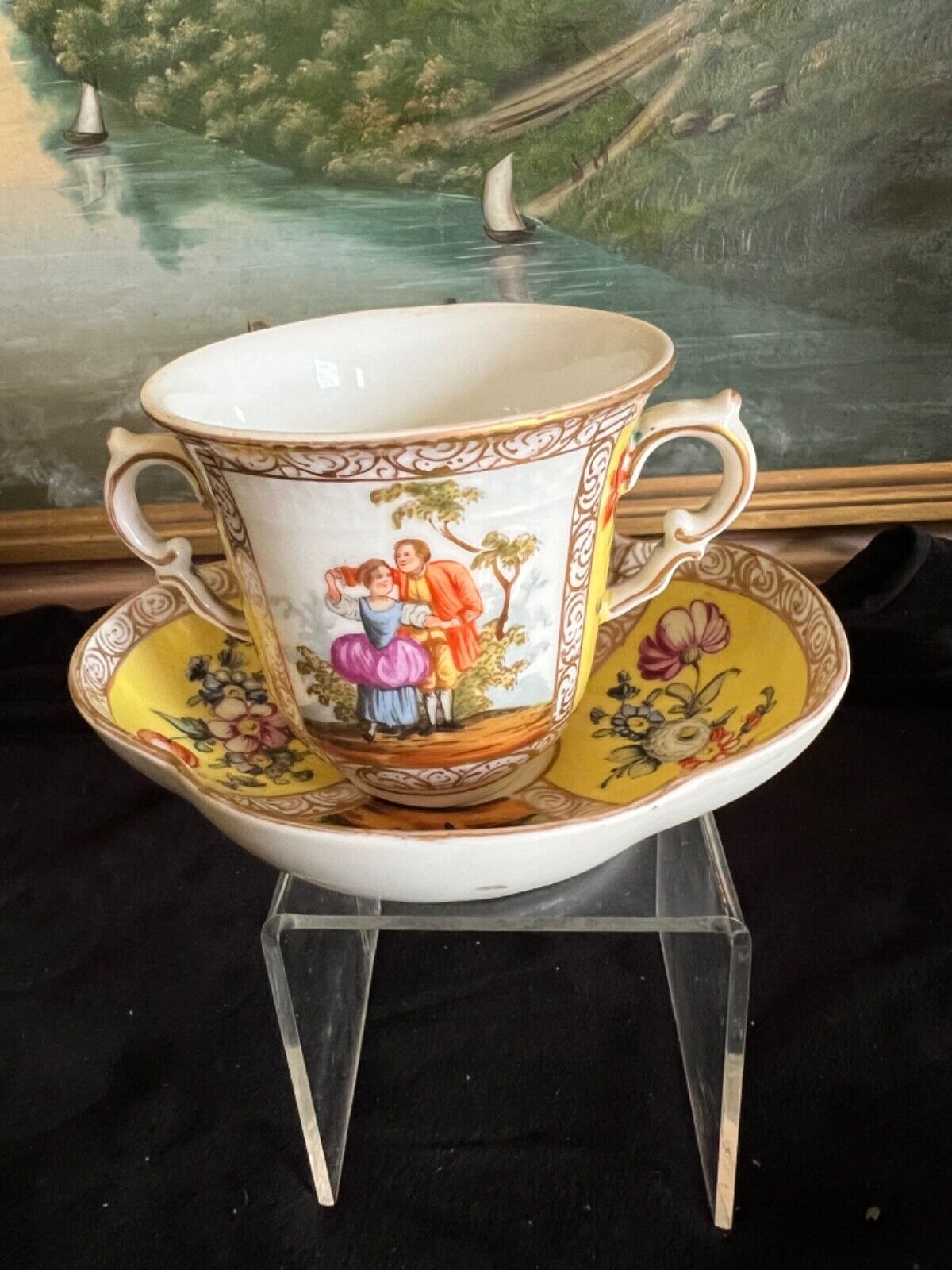 Antique Richard Klemm Quatrfoil Watteau Dresden  Cup Saucer YellowHand