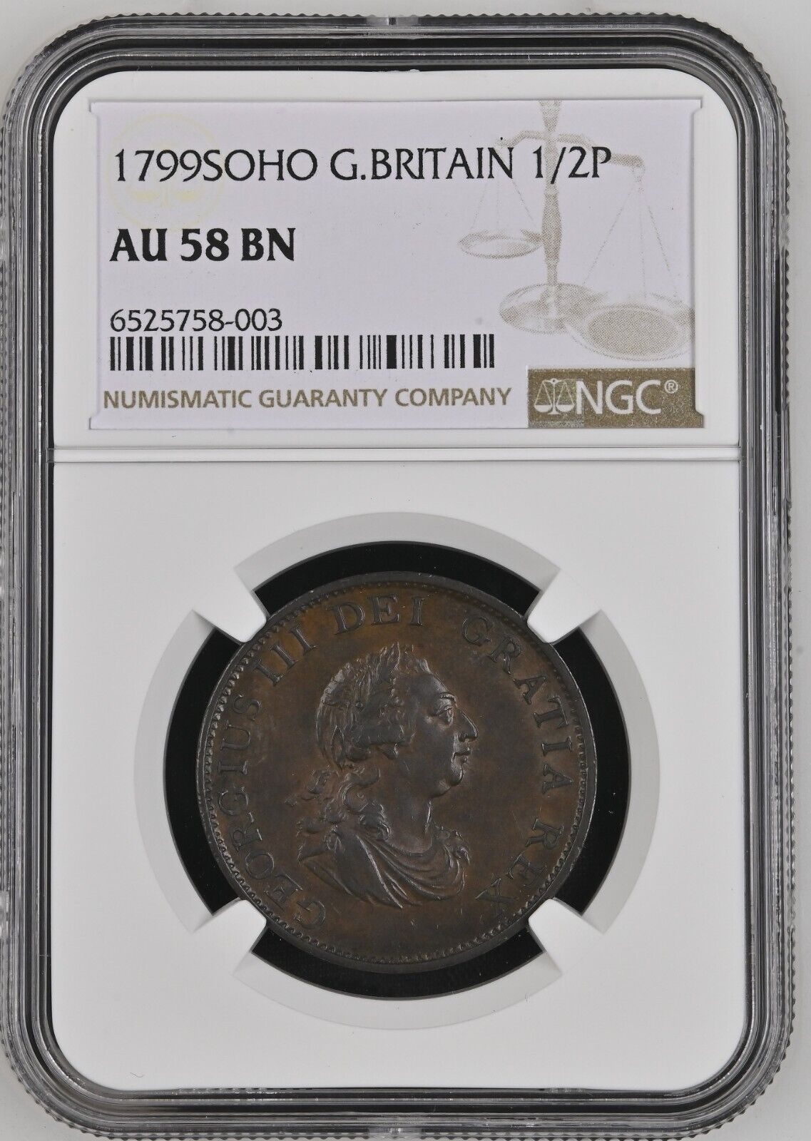 GREAT BRITAIN George III Copper SOHO 1/2 Penny 1799  Km-647  NGC AU58 PQ