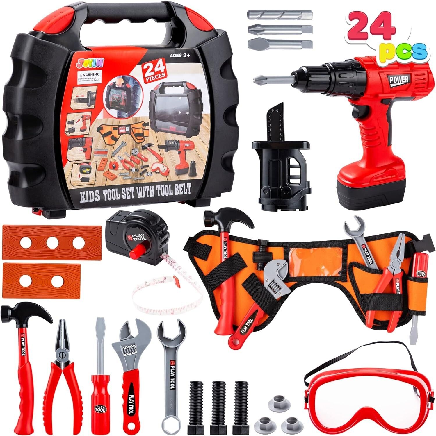 24 Pcs Kid Tool Set Pretend Play Toddler Tool Toy Costume &Tool Box belt drill