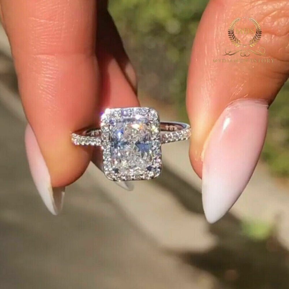3 CT Radiant Cut Moissanite Halo Engagement Ring Solid 14k White Gold For Women