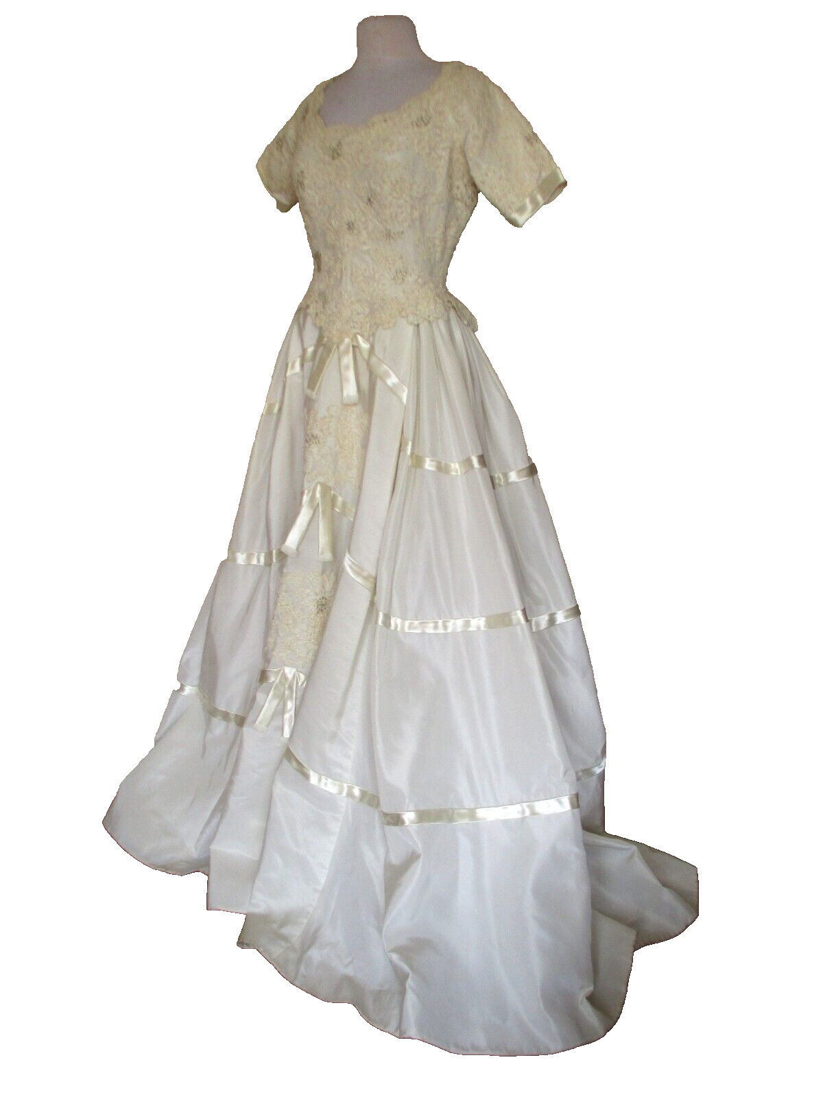 Vtg Priscilla Of Boston Wedding Dress Gown Medium Ivory Beaded Lace Princess