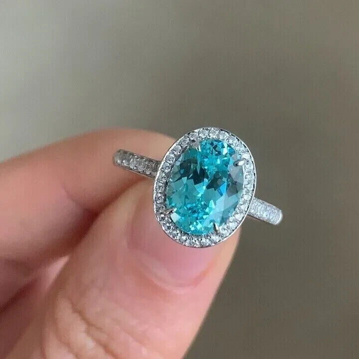4.20 Ct Oval Lab-Created Paraiba Tourmaline and CZ Engagement Ring 925 Silver