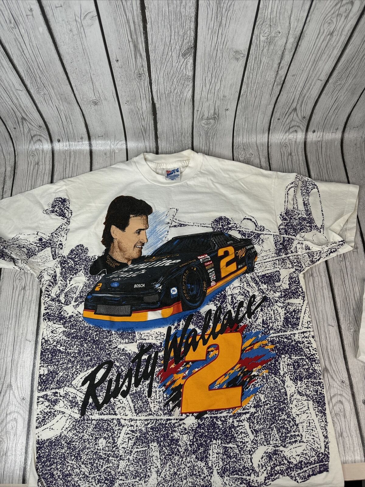 Vintage 90s 94 NASCAR Rusty Wallace Over Wall Gang All Over Print T Shirt Mens L