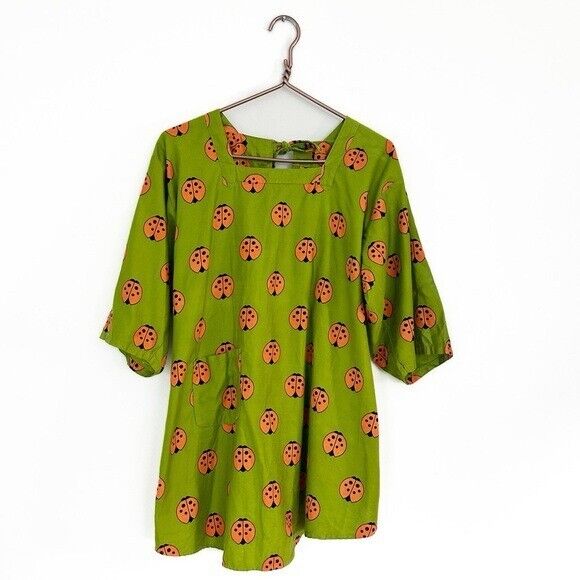 Vintage 1960s Design House Japan Ladybug Green Art Smock Shirt Medium Womens