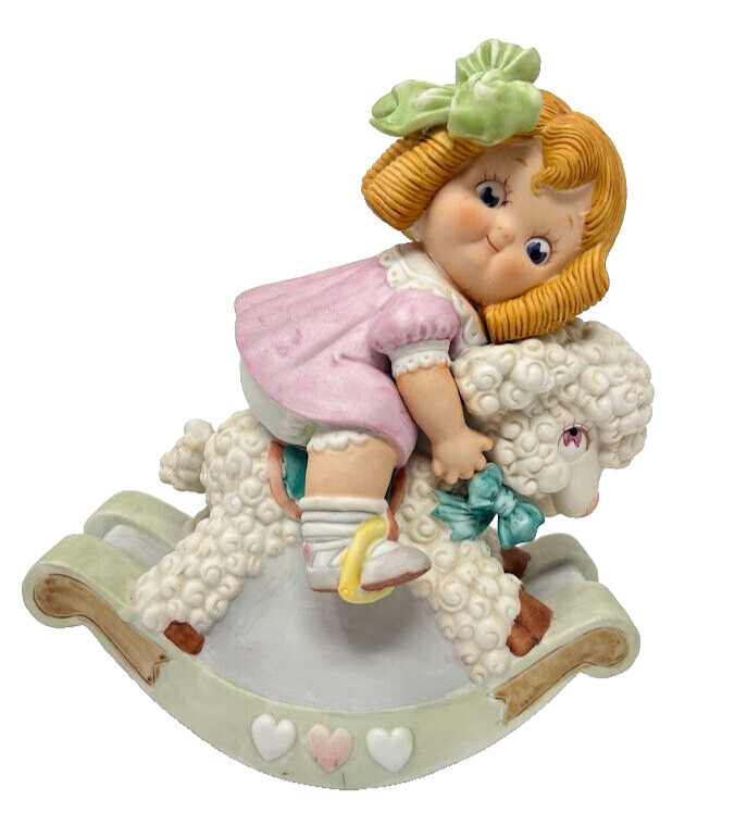 Dolly Dingle Rocking Lamb Music Box Porcelain Bisque Figurine Global Art