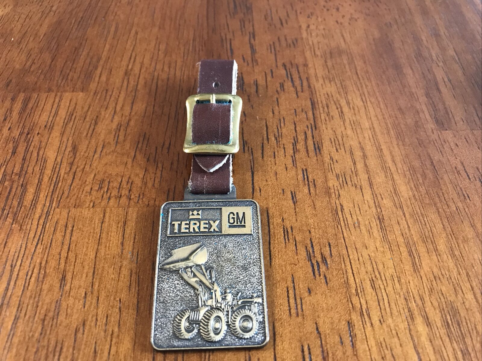 Vtg Brass Watch Fob TEREX GM Front Loader Heavy Equipment W/ Leather Strap