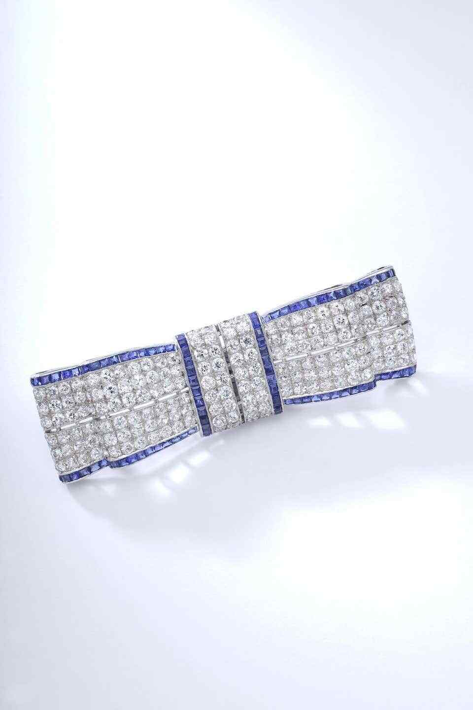 Elegant and Stunning Art Deco Bow Design Pave White CZ & Blue Sapphire Brooch