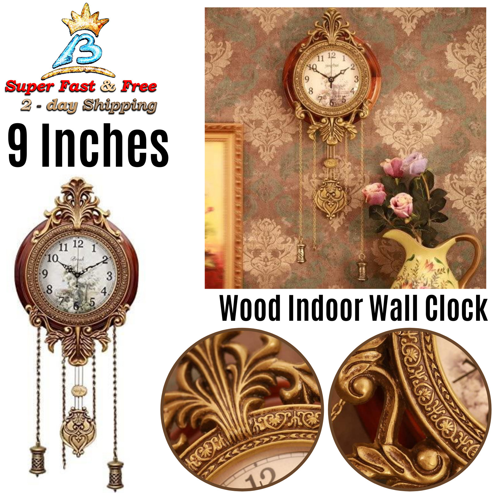 Retro Style Vintage Wood Analog Wall Clock Swinging Pendulum Quartz Decor 9\