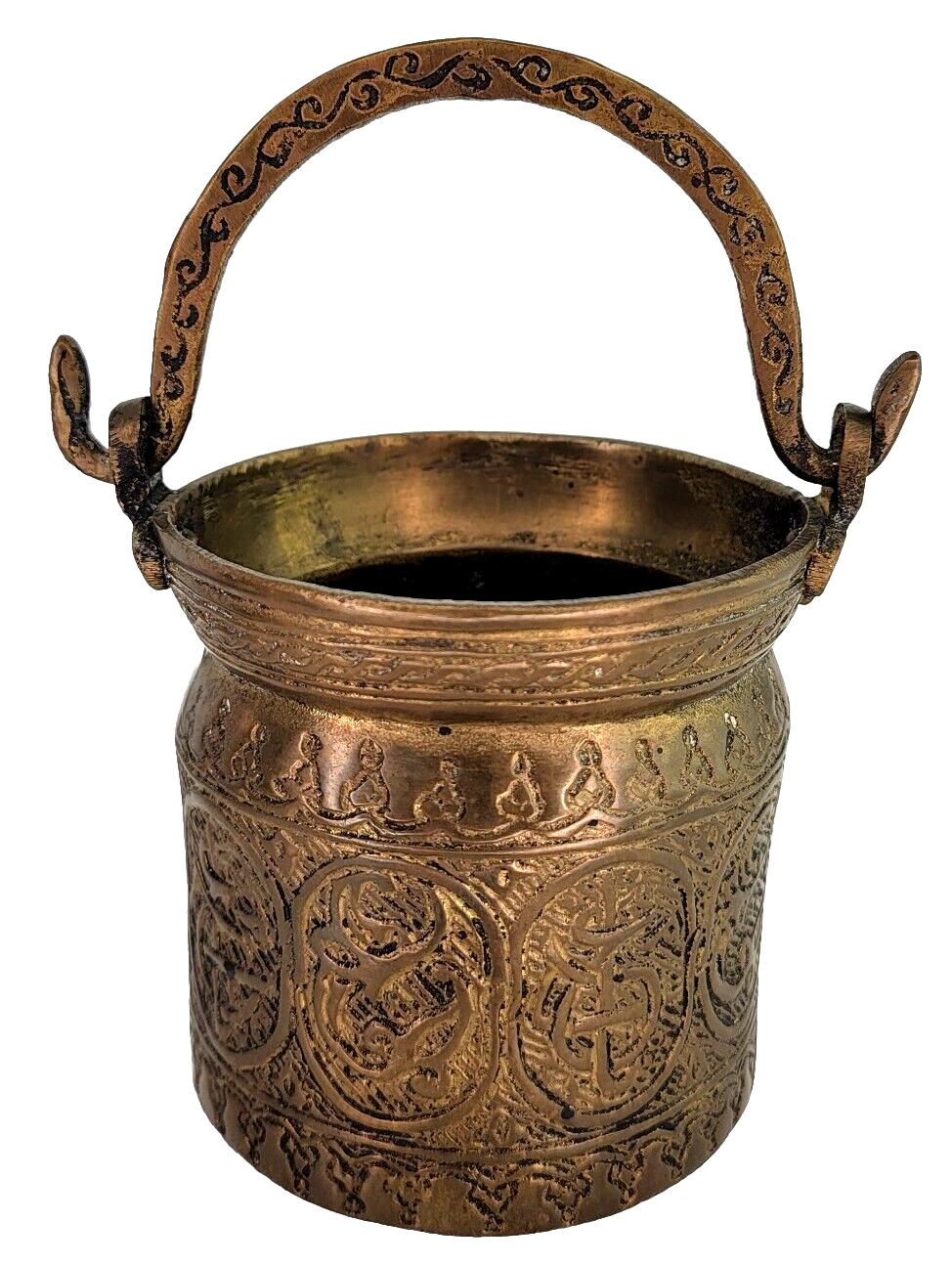 Antique Handmade Tooled Engraved Etched Solid Brass Middle Eastern Pot Bucket