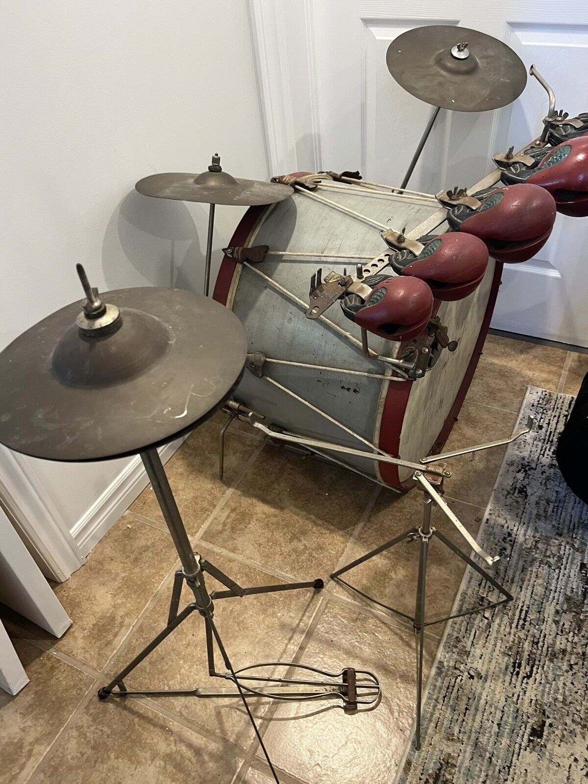 Antique Drum Set Trap Kit, Slingerland, Leedy Temple Blocks, Hi Hat Cymbals 1920