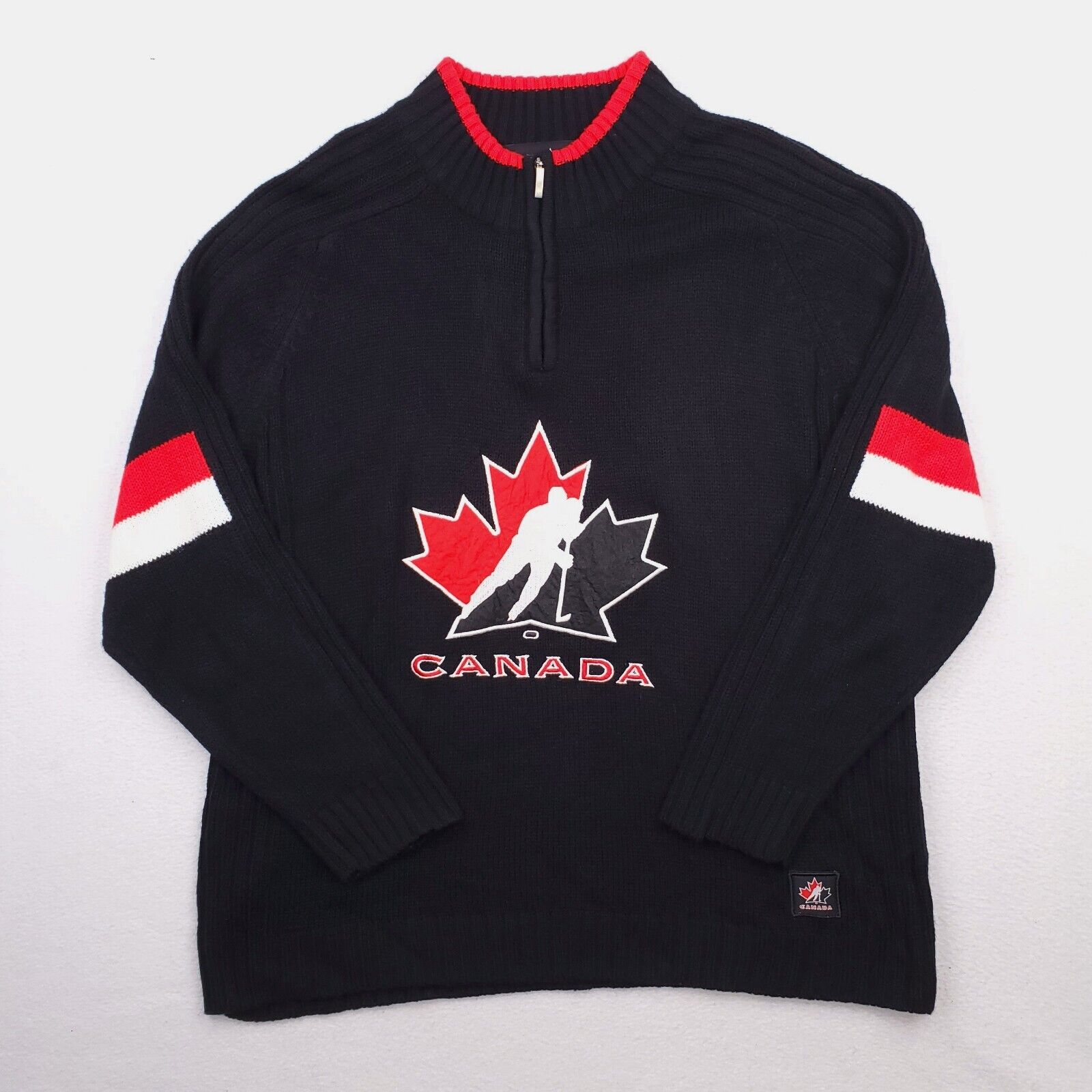 Vintage Team Canada Sweater Mens XL Black Red 1/4 Zip Pullover Mock Heavyweight