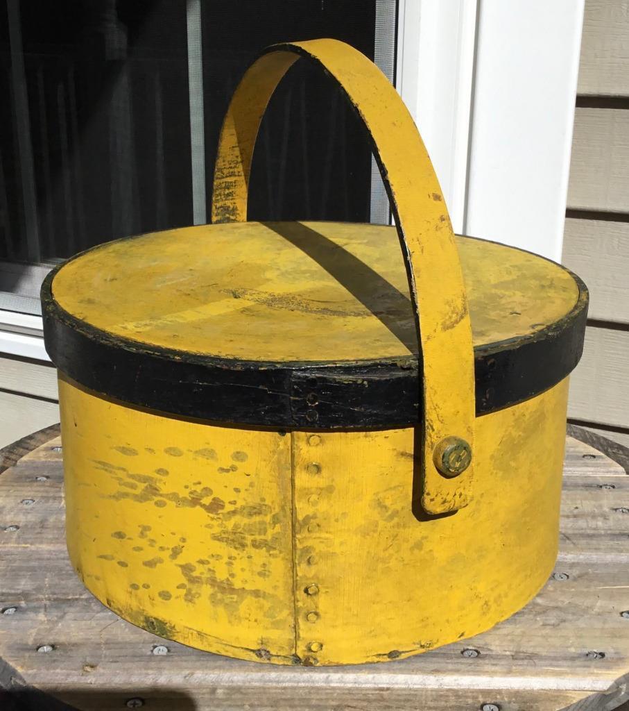 Antique Large Old Yellow Thick Wood Pantry Box w/Lid & Wood Swing Handle 13.75\