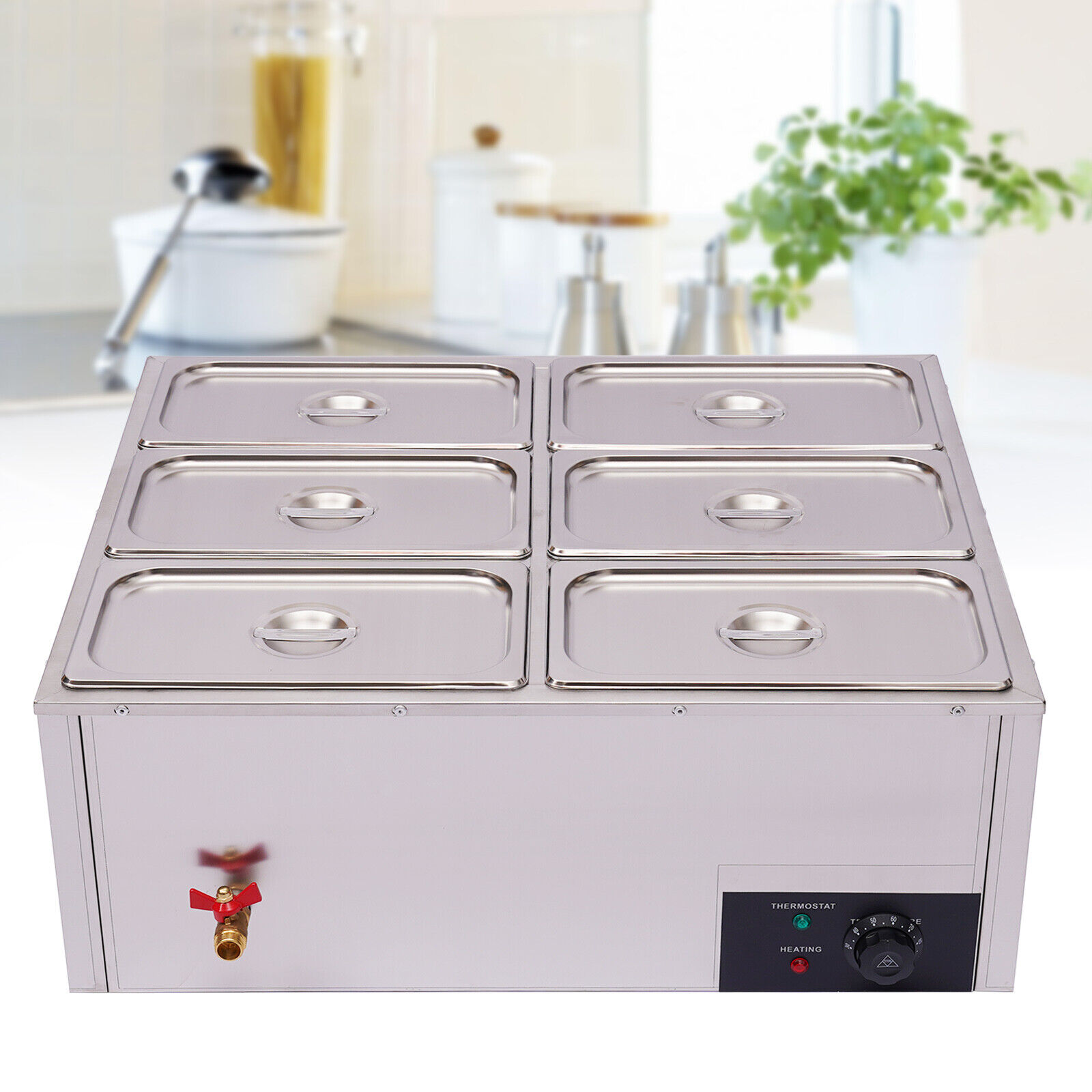 6-Pan Bain Marie 2*3 Food Warmer Table Steamer Wet Heat Countertop 850W 110V