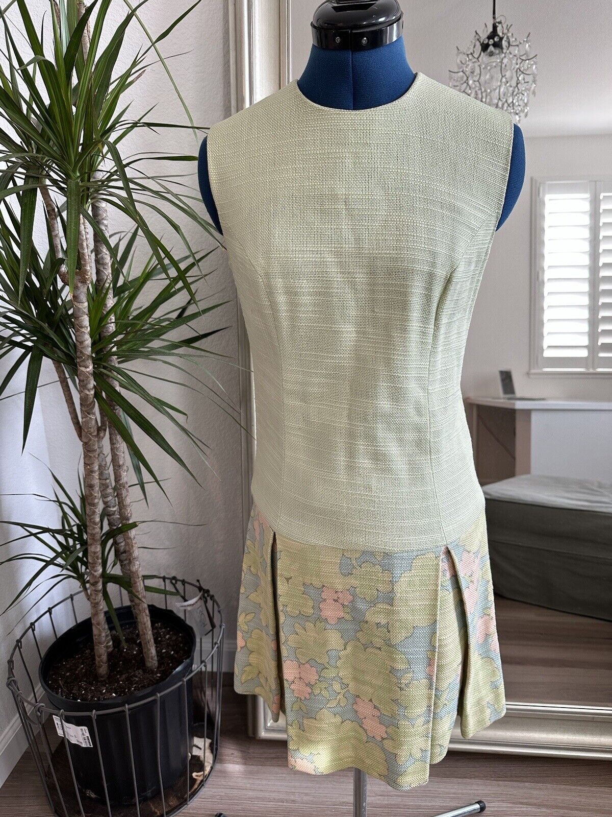 Vintage 60s 70s Mod Tapestry Sleeveless Pleated Lime Green floral Dress