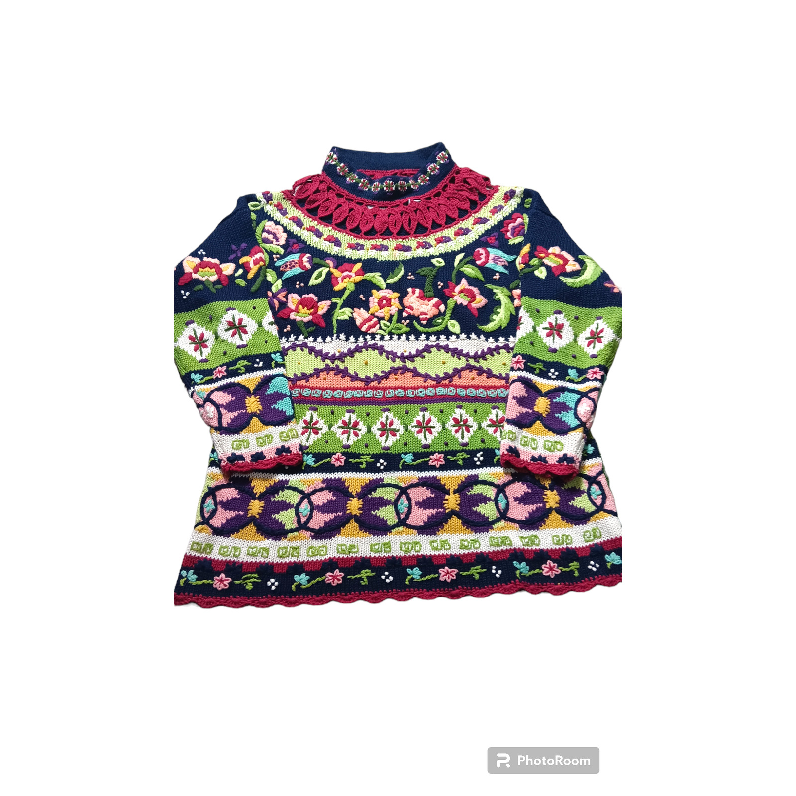 Vintage Marie Y Pullover knit Sweater with Floral crew Embroidery Mock Neck In L