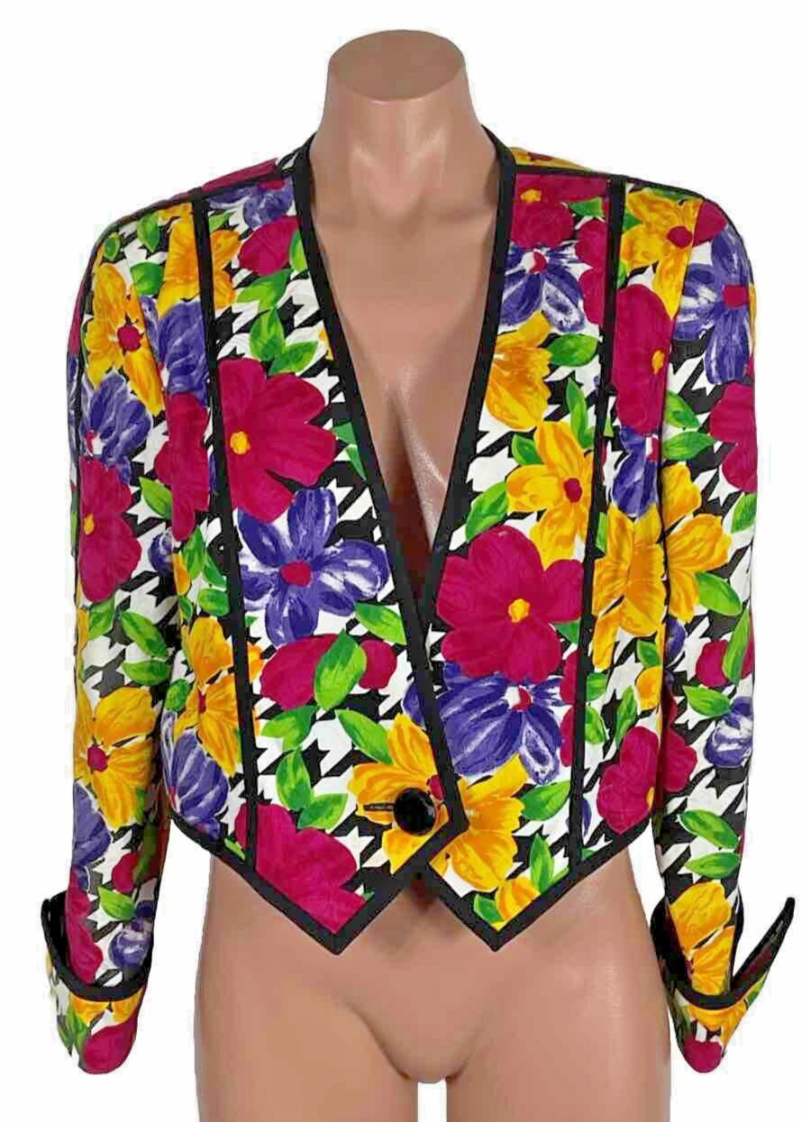 Vintage ICONIC 80s Crop Blazer Jacket AJ Bari~Vibrant Floral~M/L~EXC