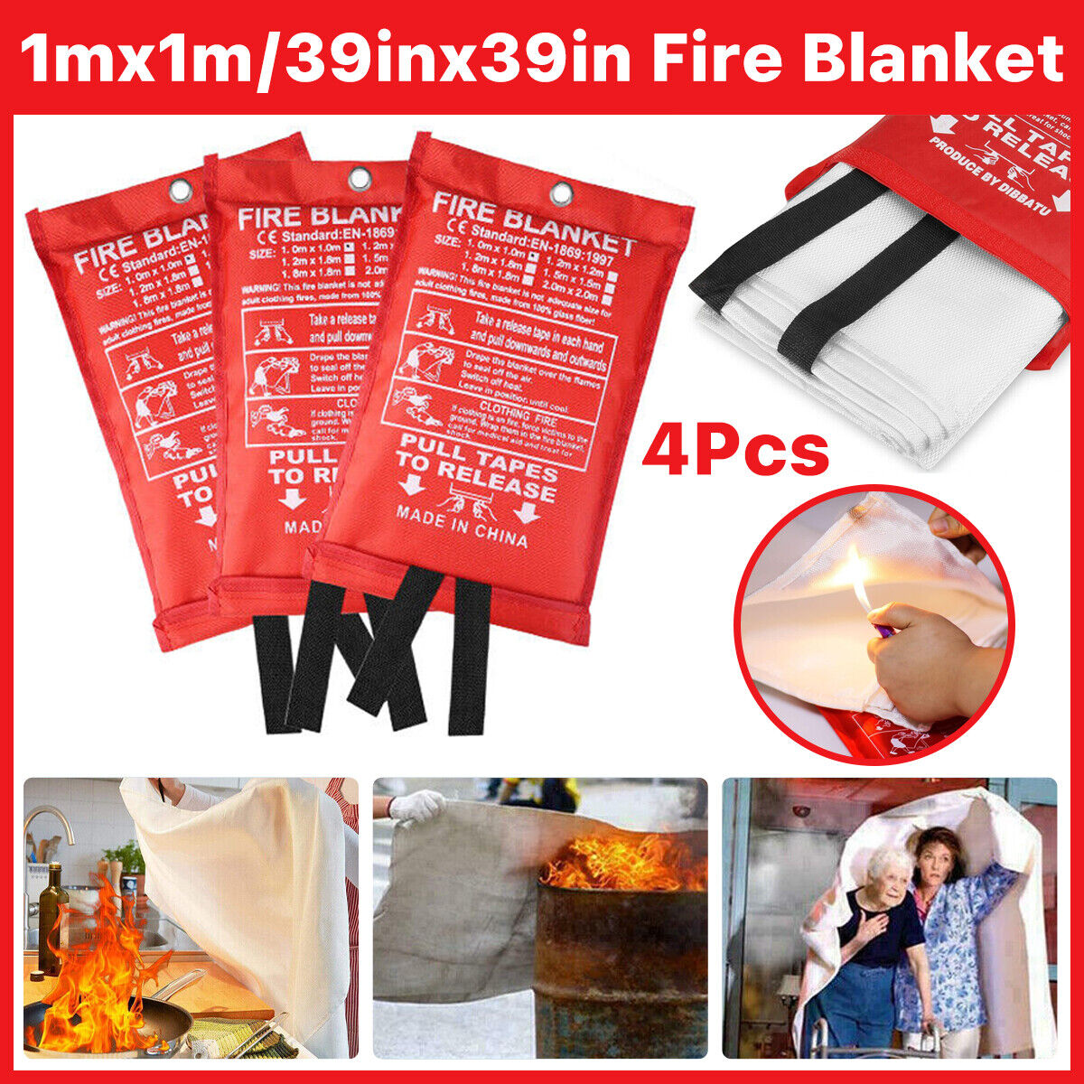 4 PACK FIRE BLANKET Fiberglass Hero Emergency Home Retardant Prepared 39''x39''