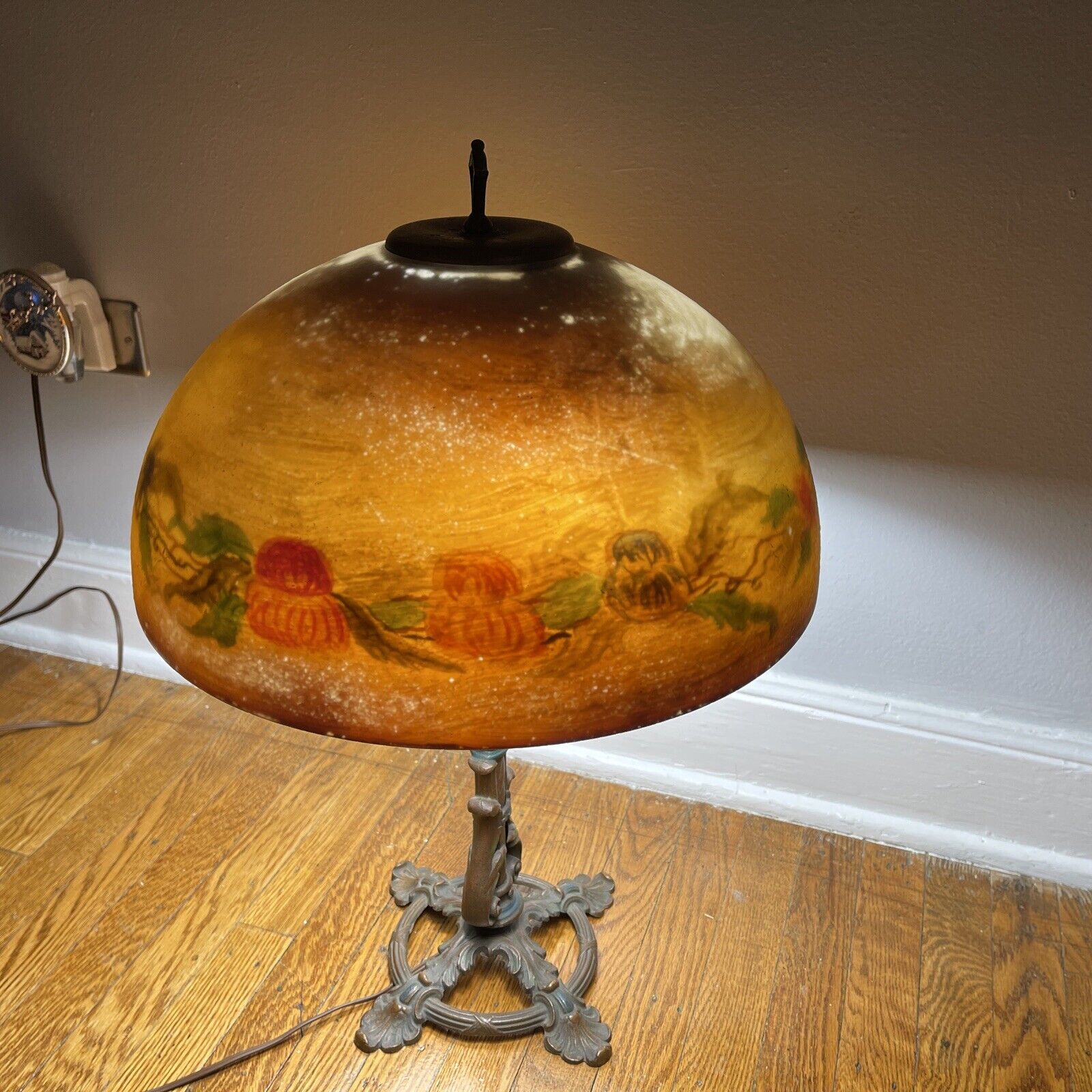 Antique Aladdin Stunning Cast Iron Base W/Reverse painted Glass Shade 21” lamp