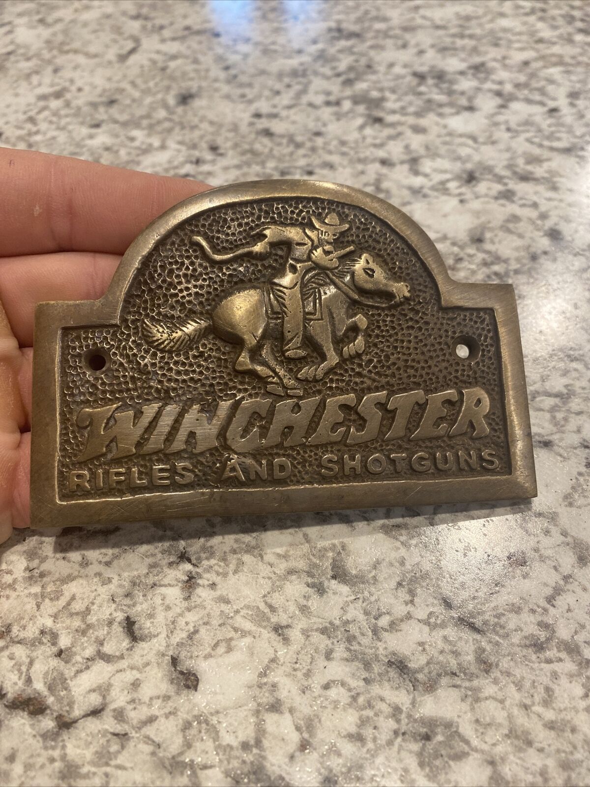 Winchester Sign BRASS Plaque Gun Gunsmith Rifle Collector Patina Hunter Gift