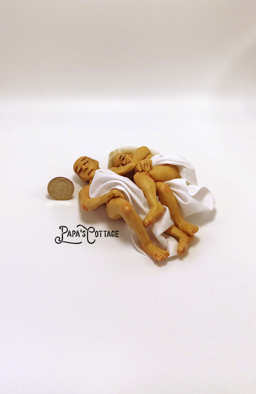 Enmeshed romantic couple for 1:12 scale dollhouse, sleeping lovers w sheet